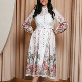 Rochie Rania alba cu imprimeu floral si curea accesorizata