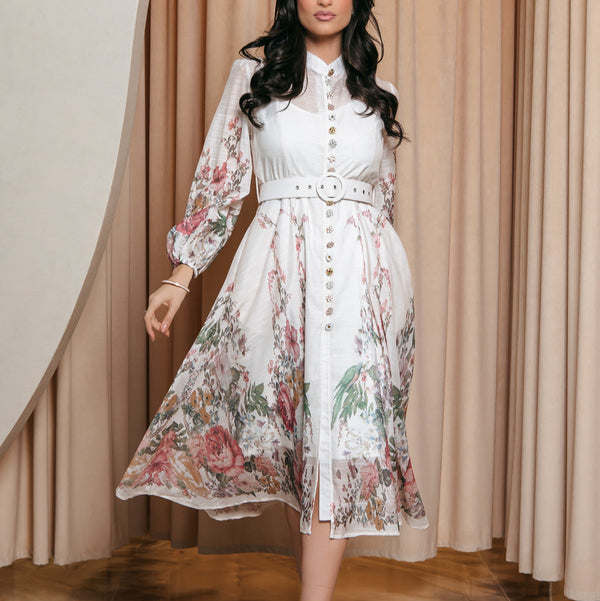 Rochie Rania alba cu imprimeu floral si curea accesorizata