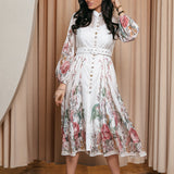 Rochie Rania alba cu imprimeu floral si curea accesorizata