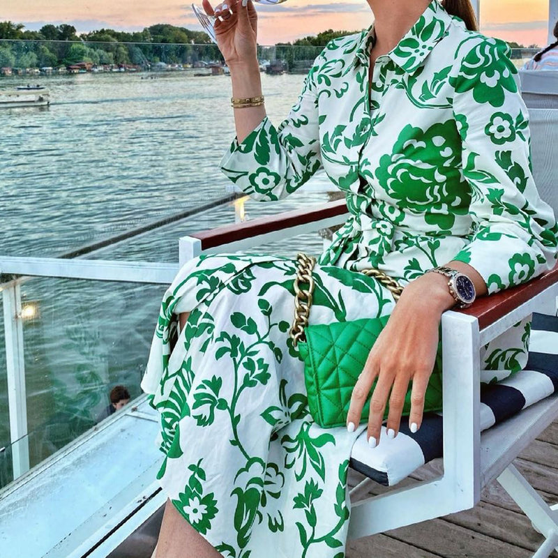 Rochie Orli verde tip camasa cu imprimeu floral si cordon accesorizat