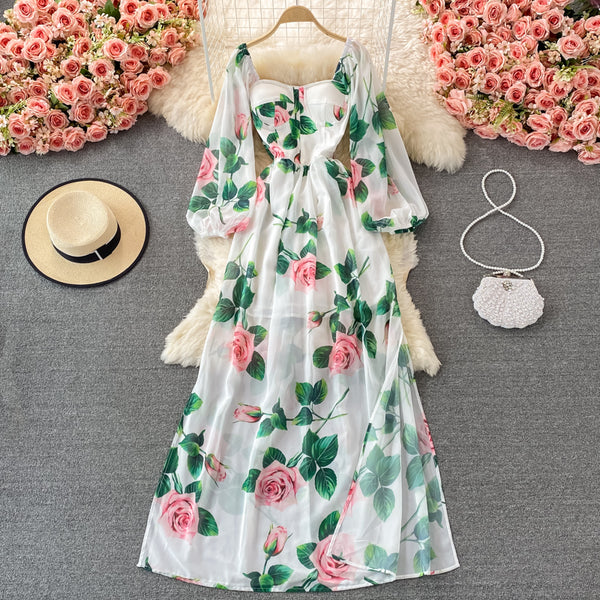 Rochie Fadima lunga cu maneci tip clopot si imprimeu floral