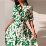 Rochie Orli verde tip camasa cu imprimeu floral si cordon accesorizat