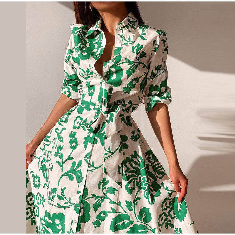 Rochie Orli verde tip camasa cu imprimeu floral si cordon accesorizat