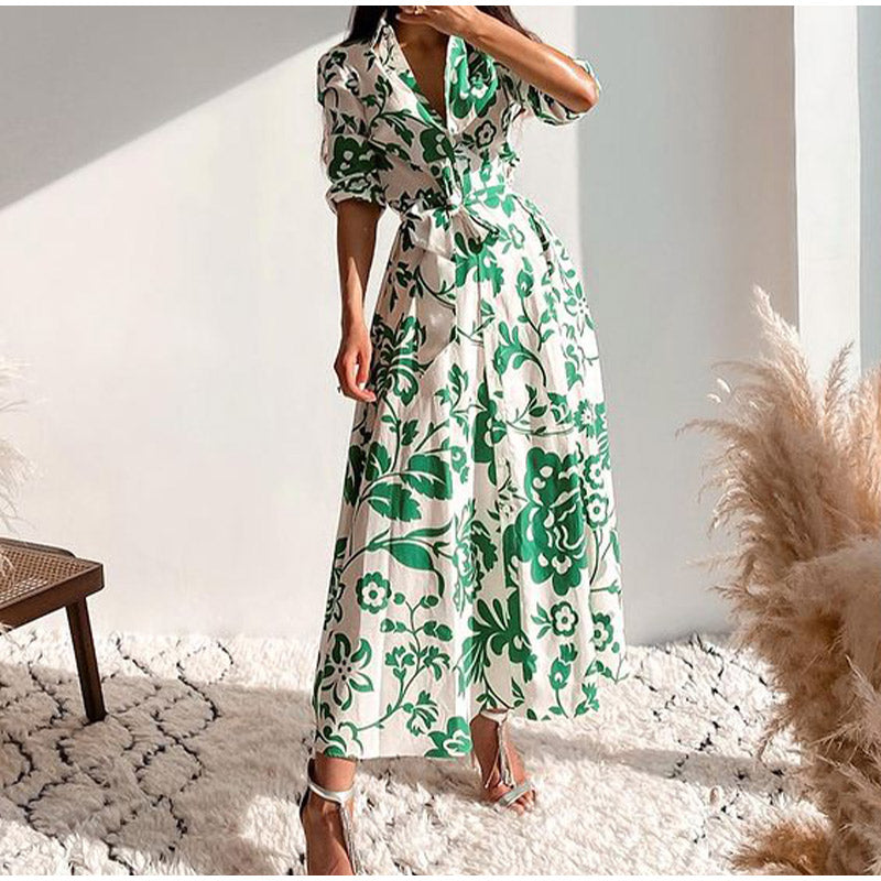 Rochie Orli verde tip camasa cu imprimeu floral si cordon accesorizat