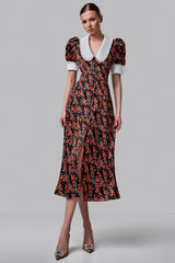 Rochie midi Solita negru din voal cu guler lat in V, maneci scurte, imprimeu floral