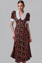Rochie midi Solita negru din voal cu guler lat in V, maneci scurte, imprimeu floral