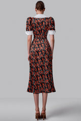 Rochie midi Solita negru din voal cu guler lat in V, maneci scurte, imprimeu floral