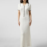 Rochie Ella alba cu guler polo din tricot reiat