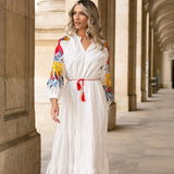Rochie Napola alba cu maneci bufante si detalii florale brodate