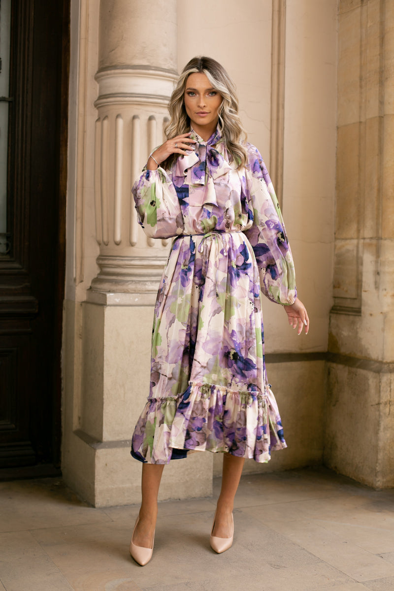 Rochie Serdina verde cu imprimeu floral si snur in talie