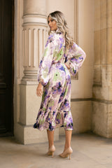 Rochie Serdina verde cu imprimeu floral si snur in talie