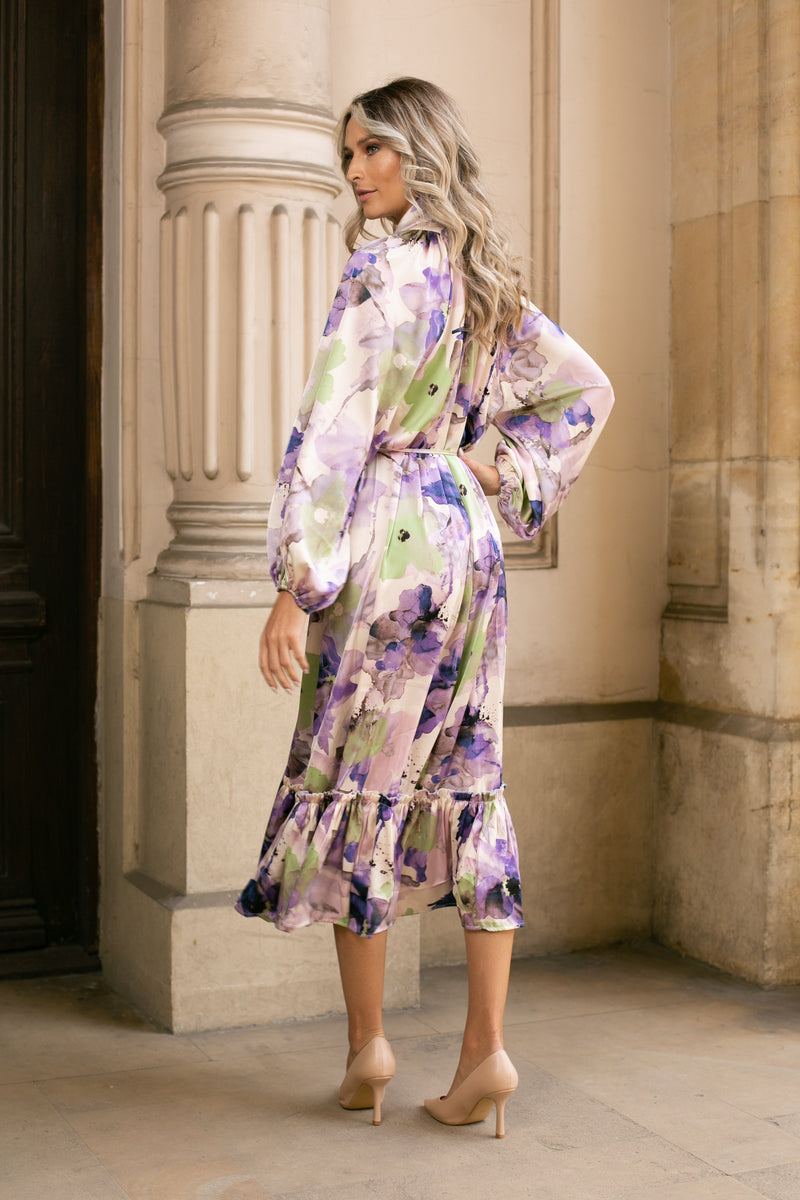 Rochie Serdina verde cu imprimeu floral si snur in talie
