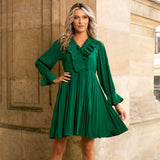 Rochie Nicolette verde plisata cu volanase la mansete
