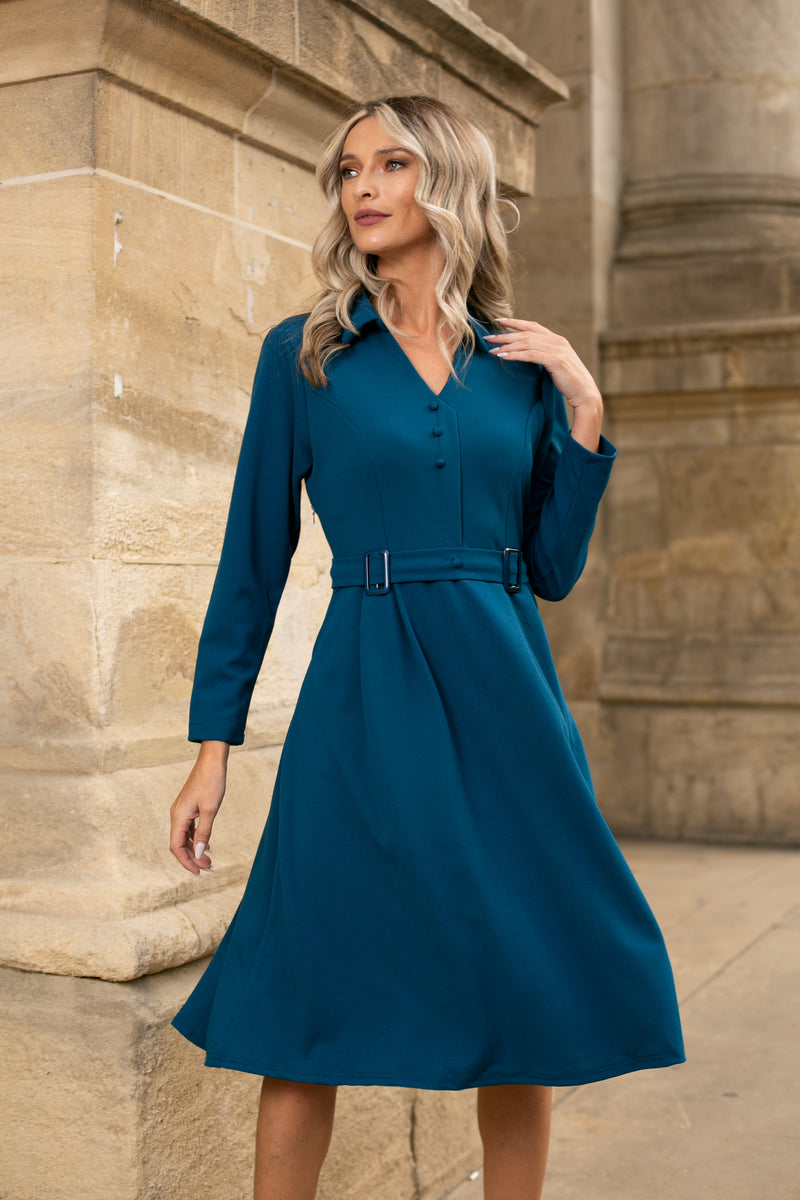 Rochie Camelitta  albastra cu buzunare laterale si decolteu in V