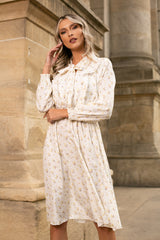 Rochie Silvy alba cu imprimeu floral si decolteu accesorizat cu nod