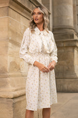 Rochie Silvy alba cu imprimeu floral si decolteu accesorizat cu nod
