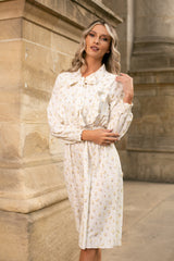 Rochie Silvy alba cu imprimeu floral si decolteu accesorizat cu nod