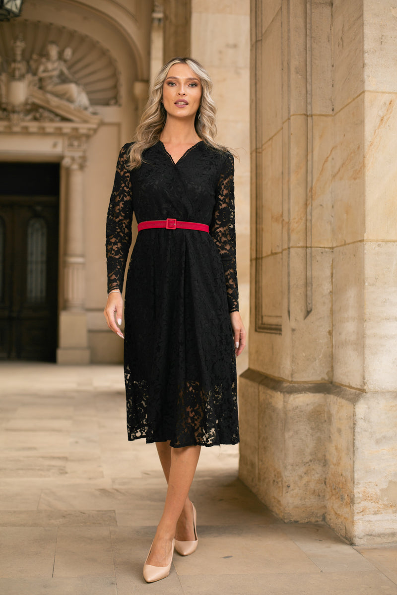 Rochie Jollene neagra din dantela cu fermoare ascuns