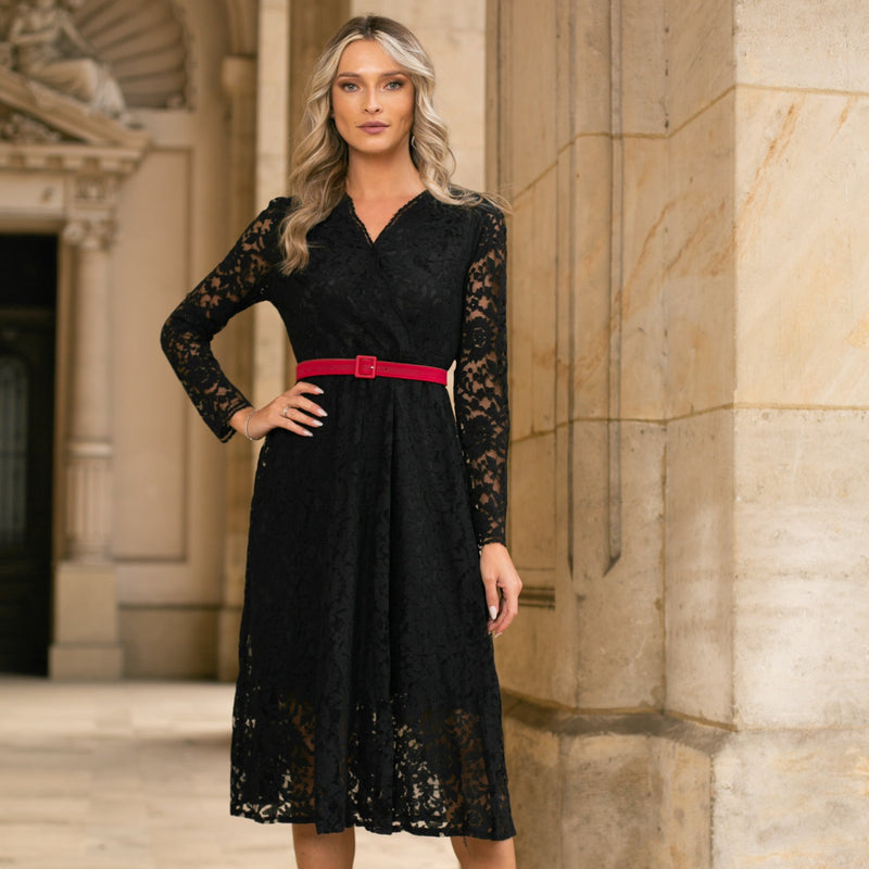 Rochie Jollene neagra din dantela cu fermoare ascuns
