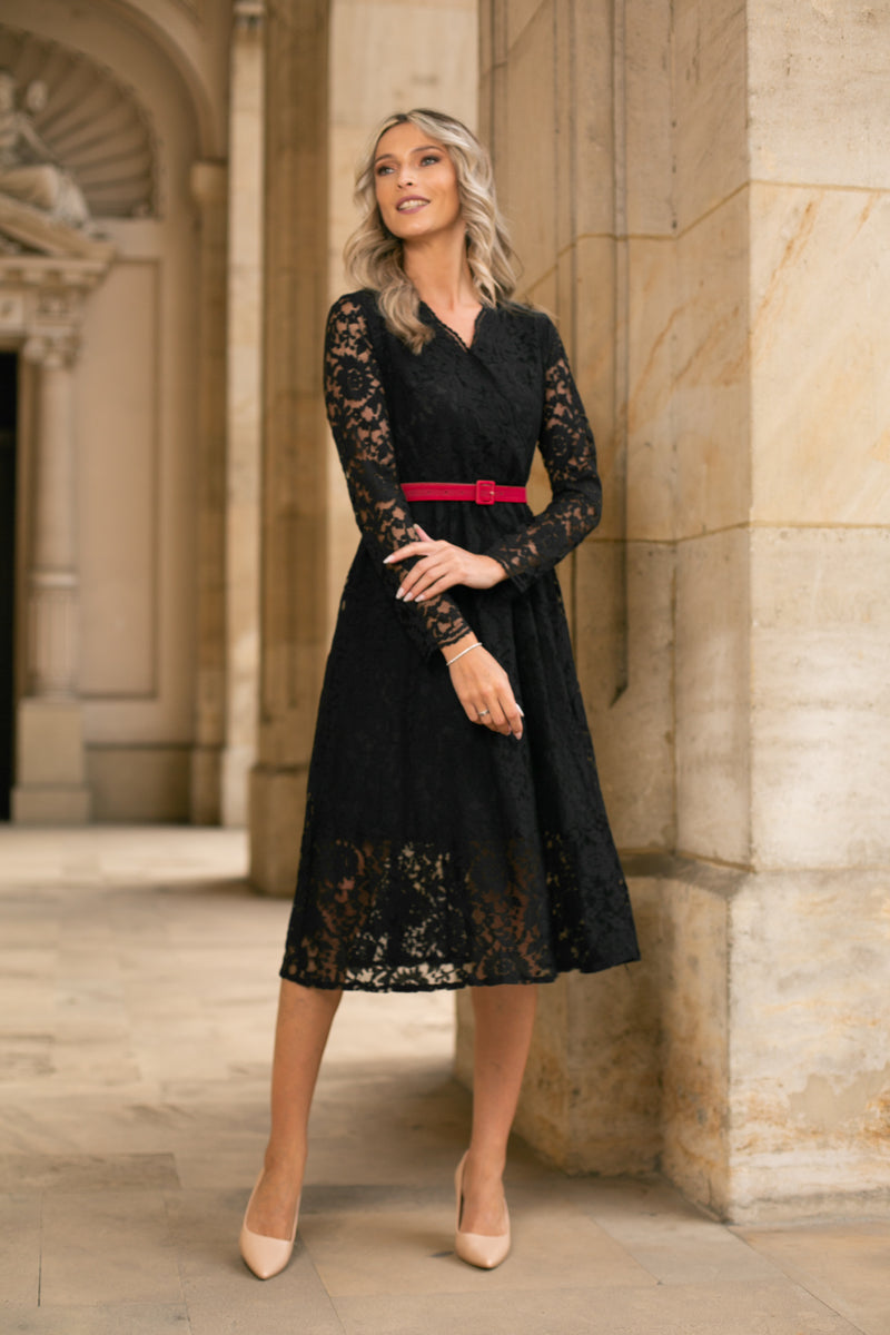 Rochie Jollene neagra din dantela cu fermoare ascuns