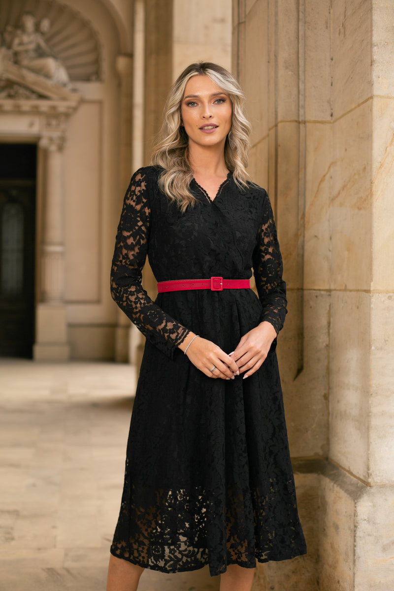 Rochie Jollene neagra din dantela cu fermoare ascuns