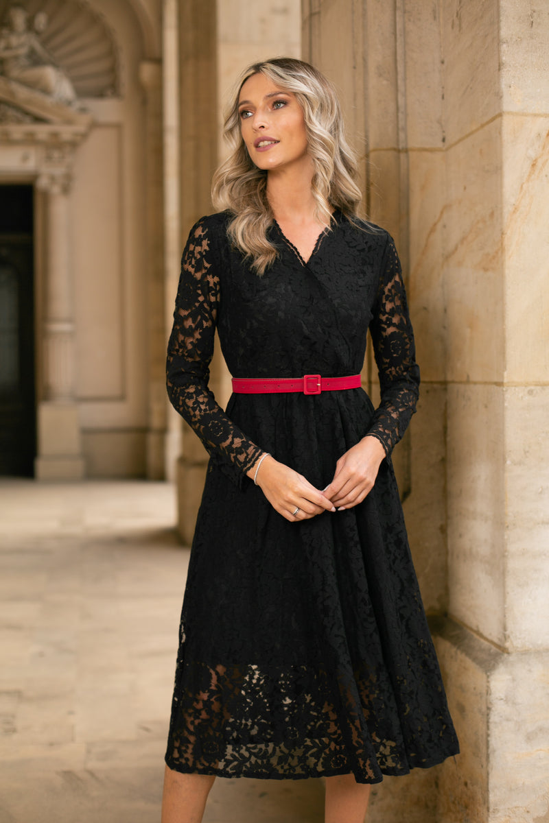 Rochie Jollene neagra din dantela cu fermoare ascuns
