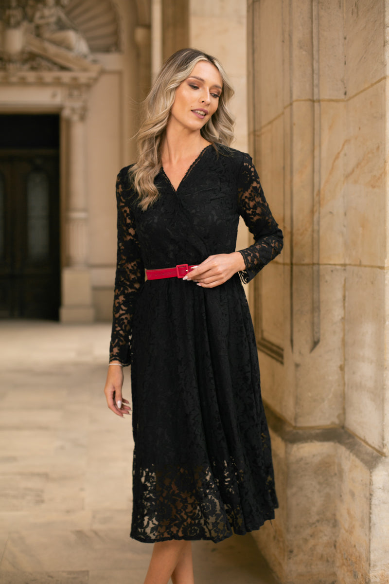 Rochie Jollene neagra din dantela cu fermoare ascuns
