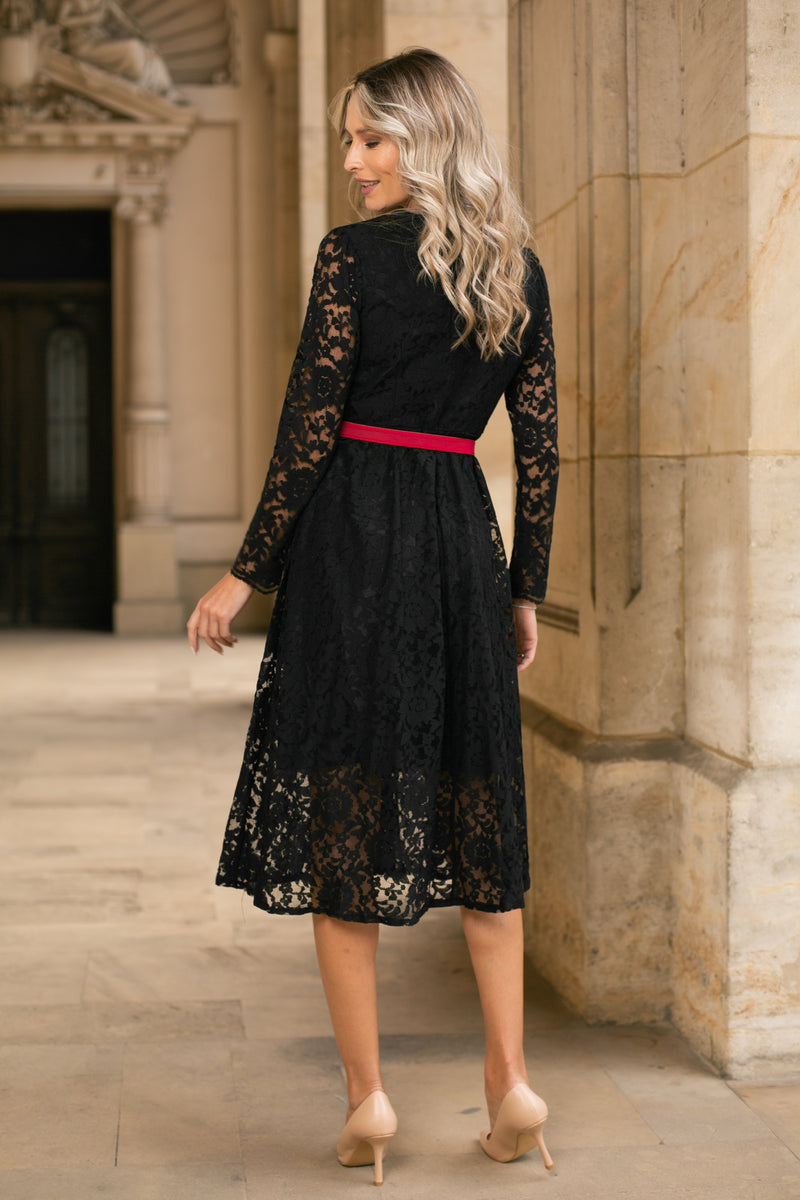 Rochie Jollene neagra din dantela cu fermoare ascuns