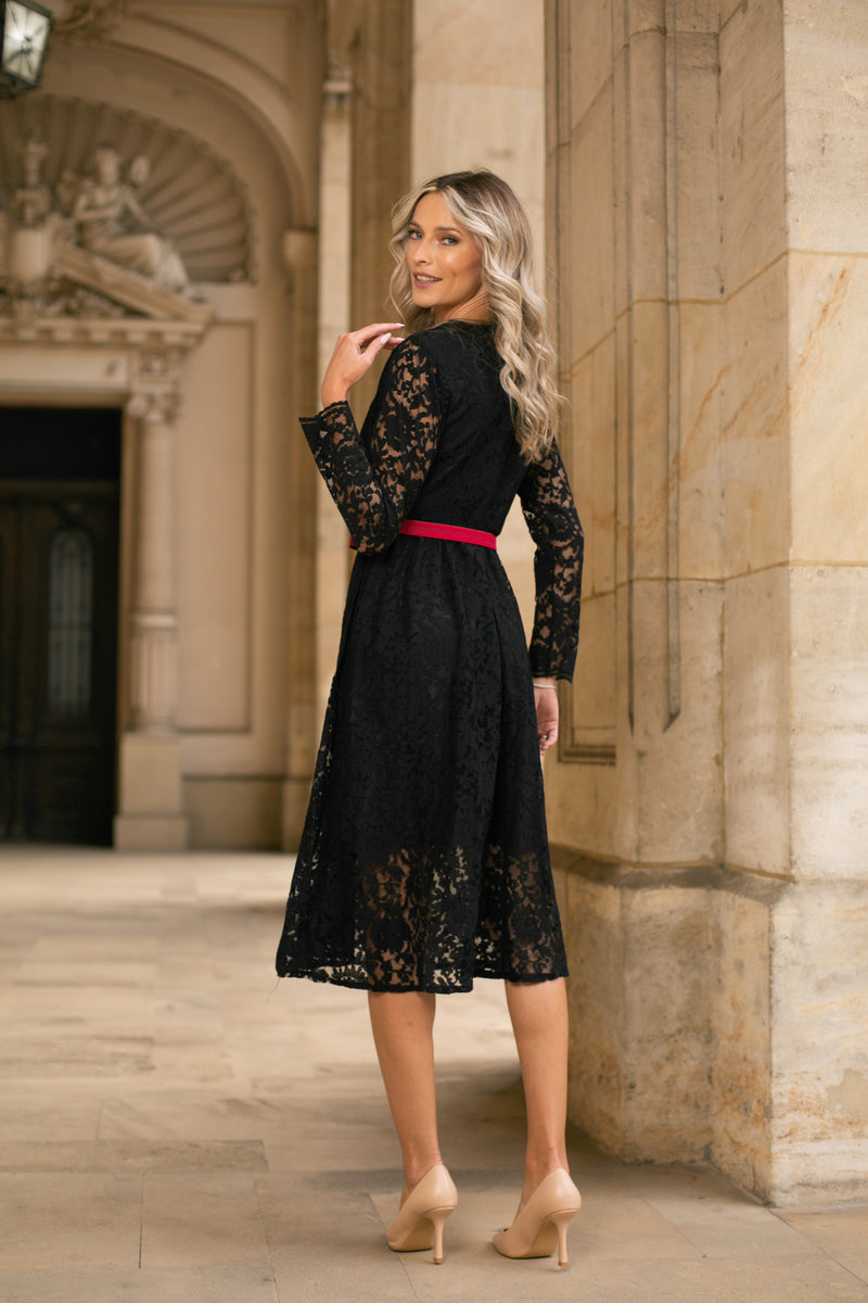 Rochie Jollene neagra din dantela cu fermoare ascuns