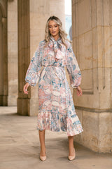 Rochie Serdina albastra cu imprimeu floral si snur in talie