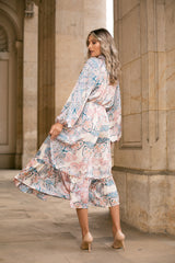 Rochie Serdina albastra cu imprimeu floral si snur in talie