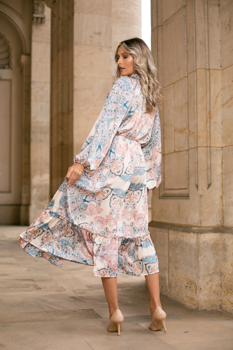 Rochie Serdina albastra cu imprimeu floral si snur in talie