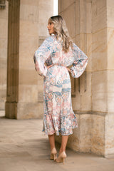 Rochie Serdina albastra cu imprimeu floral si snur in talie