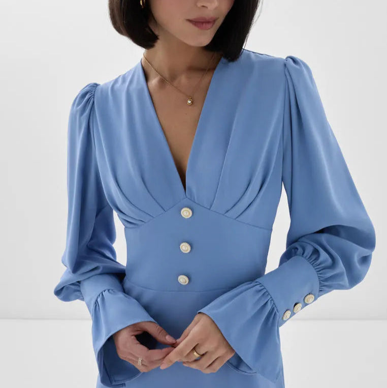 Rochie Iania albastra cu decolteu in V si nasturi decorativi