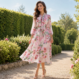 Rochie midi Liria cu imprimeu floral si funda