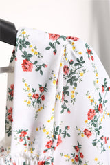 Rochie Danisha alba cu imprimeu floral, decolteu patrat si maneci scurte, bufante