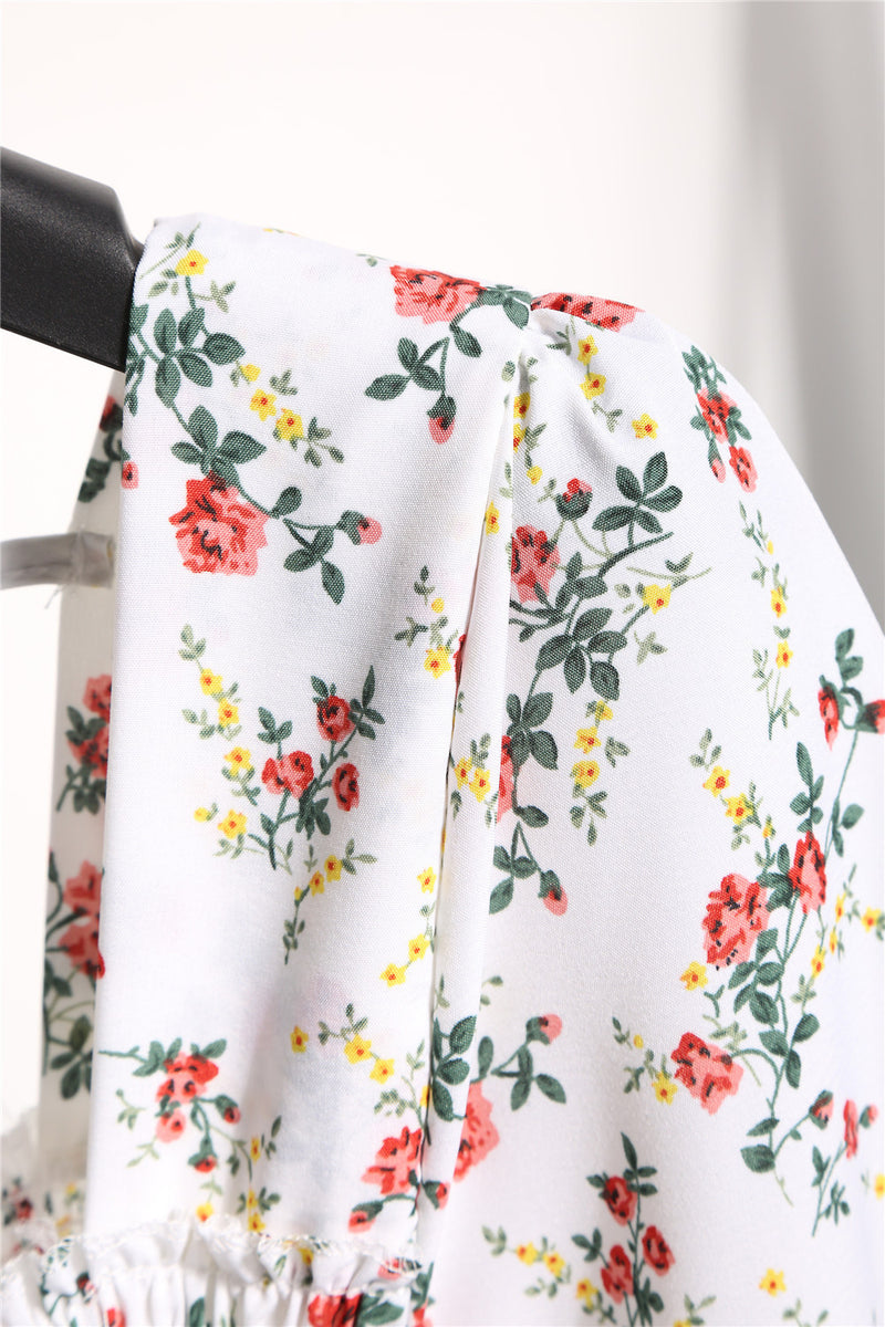 Rochie Danisha alba cu imprimeu floral, decolteu patrat si maneci scurte, bufante
