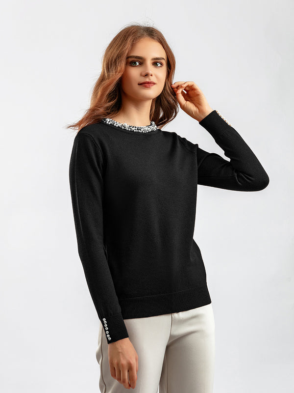 Pulover Rosemary negru din tricot moale cu decolteu si mansete accesorizate cu perle