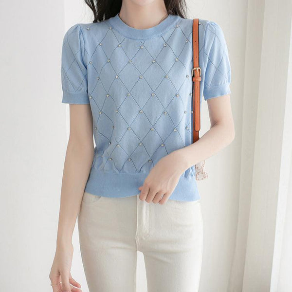 Tricou Sophia albastru cu accesorizat cu pietre