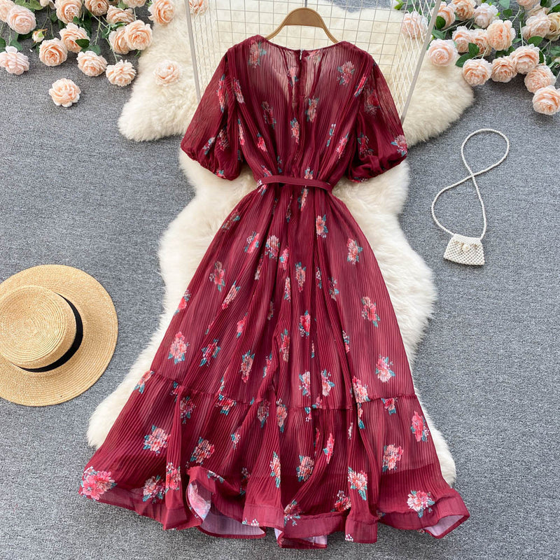 Rochie Echim rosie cu pliuri si imprimeu floral