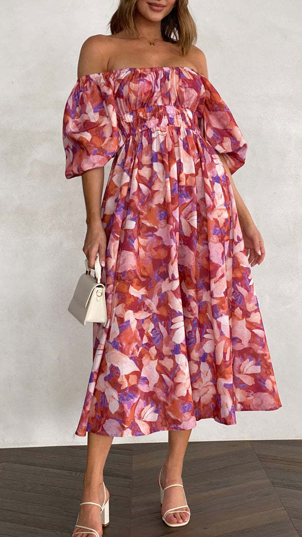 Rochie Nelle rosie cu imprimeu floral si decolteu patrat