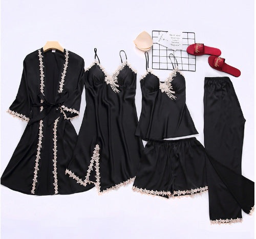 Set pijama Yildiz rosie din tesatura satinata si dantela - 5 piese