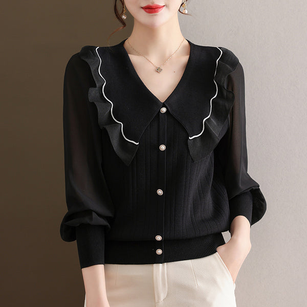 Bluza Nullia neagra cu guler lat si nasturi decorativi