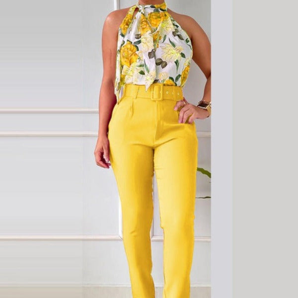 Set Denda galben compus din pantaloni office cu talie inalta si top