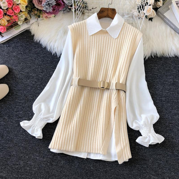 Set Mionna crem compus din camasa si vesta din tricot