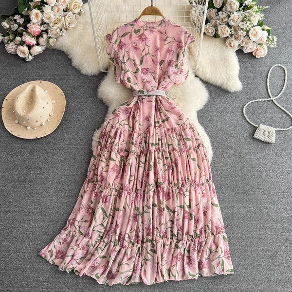 Rochie Gyda roz cu imprimeu floral si curea accesorizata