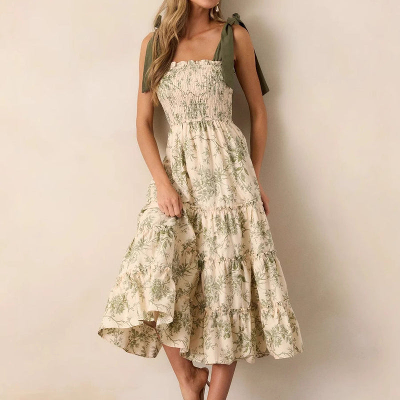 Rochie Soraya cu bretele tip fundita si imprimeu floral