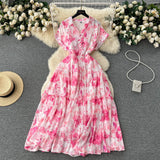 Rochie Brea roz cu nasturi imbracati si imprimeu floral