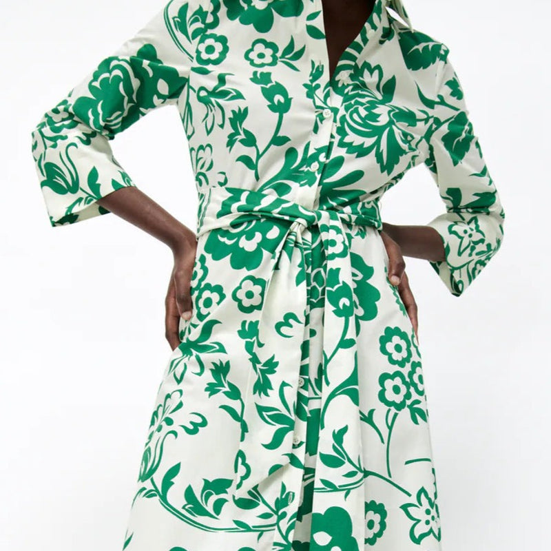Rochie Orli verde tip camasa cu imprimeu floral si cordon accesorizat