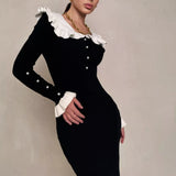 Rochie Asimera din tricot cu guler lat si nasturi perlute